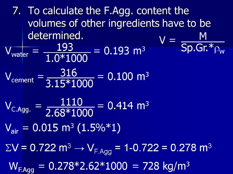 To calculate the F.Agg. content the volumes of other ingredients have to be determined.